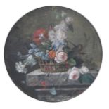 λ Christiaen van Pol (Dutch 1752-1813) Miniature still life of flowers in a basket on a ledge