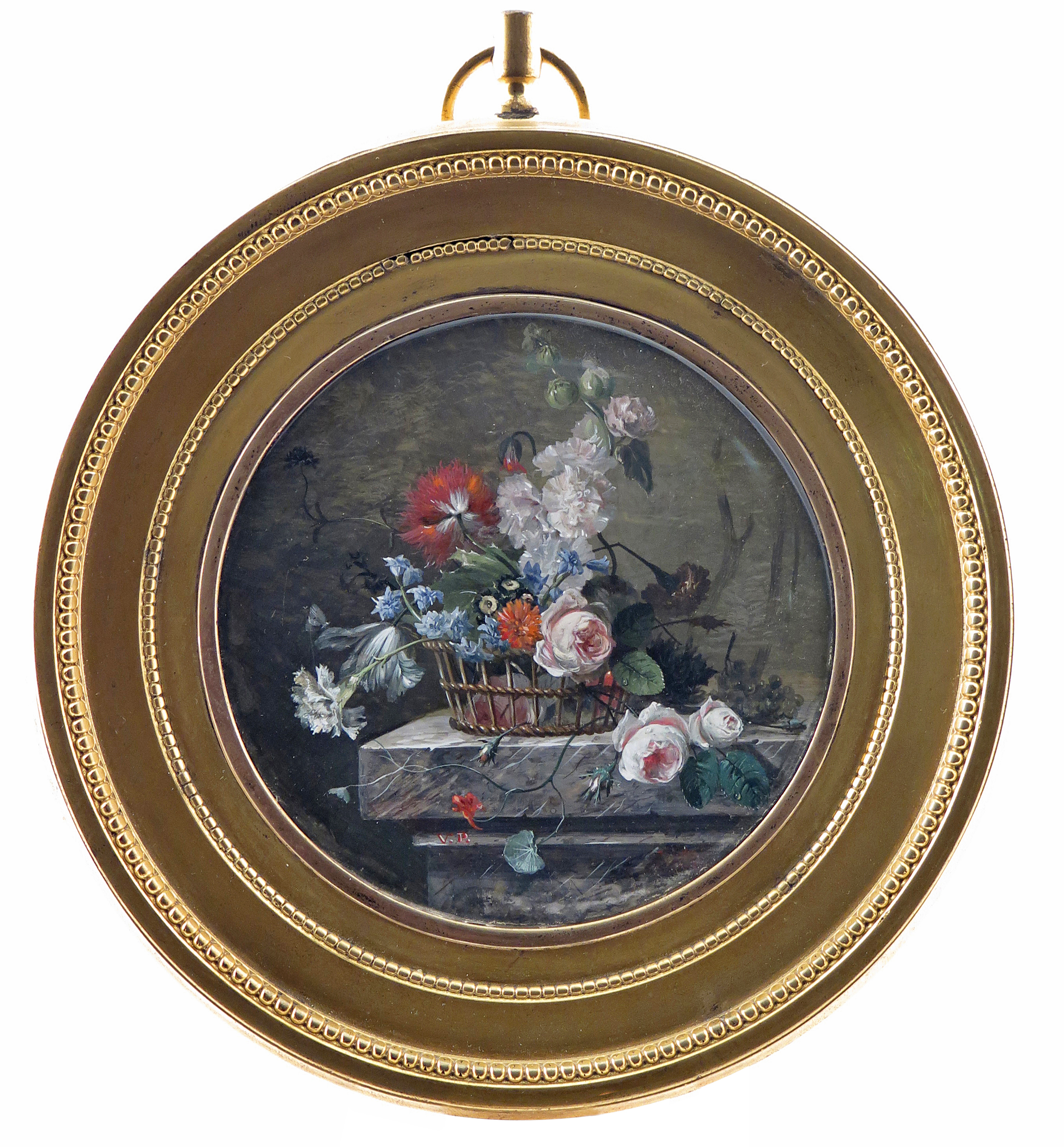 λ Christiaen van Pol (Dutch 1752-1813) Miniature still life of flowers in a basket on a ledge - Image 3 of 3