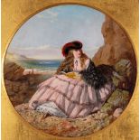 Henry Baines (1823-1894) A young lady reading by the sea Signed Oil on board, circular in a square