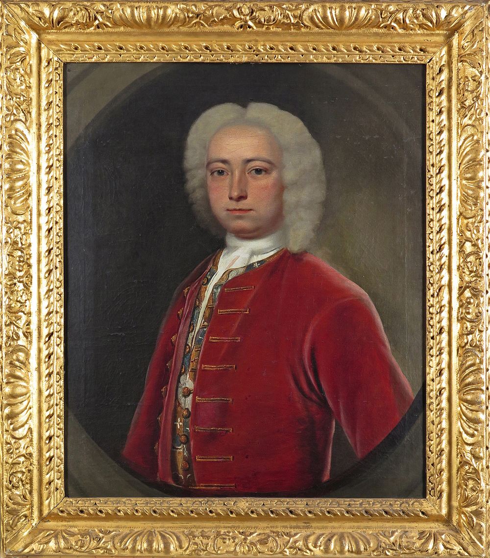 Benjamin Wilson (1721-1788) Portrait of a gentleman, half length, wearing a red coat in a painted - Image 2 of 2