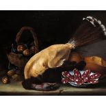 Follower of Bartolomeo Arbotori Still life of a basket of figs, a plucked bird and a plate of salami