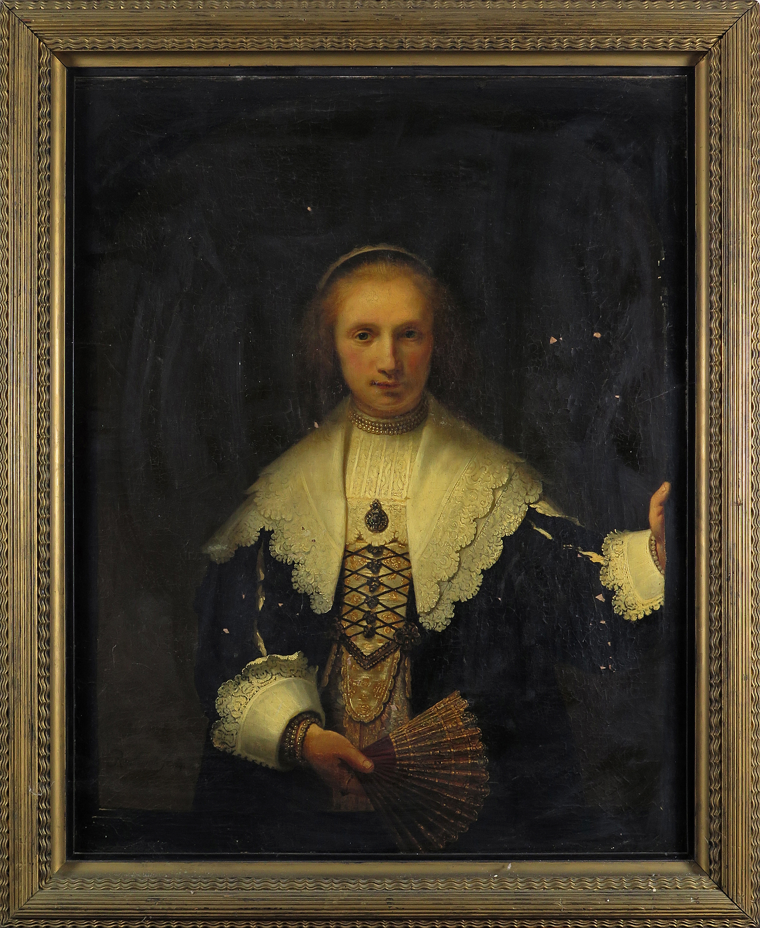 After Rembrandt Harmensz van Rijn Young lady with a fan by a window Oil on canvas 106 x 84cm; 42 x - Image 2 of 2