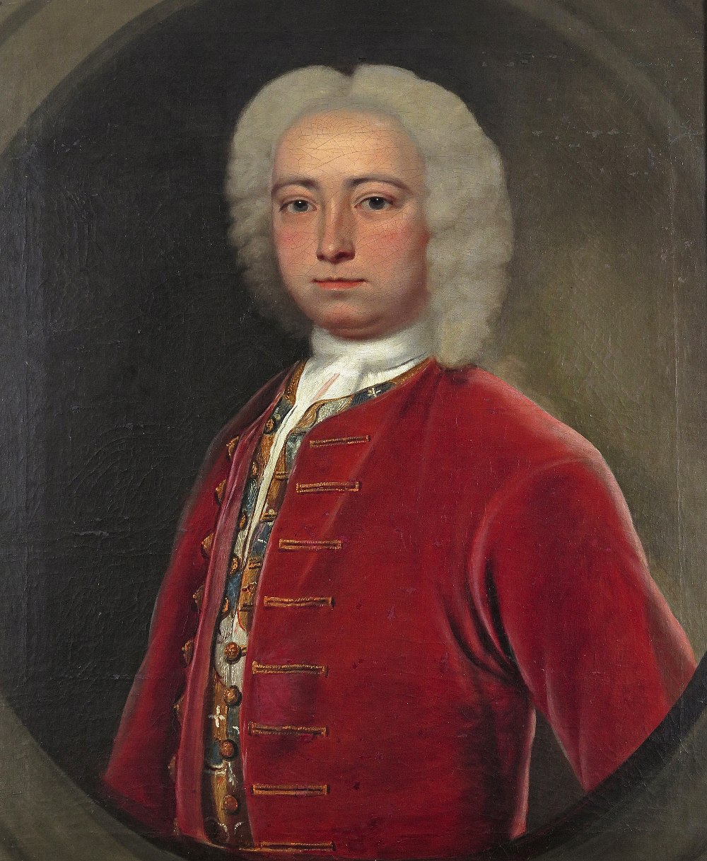 Benjamin Wilson (1721-1788) Portrait of a gentleman, half length, wearing a red coat in a painted