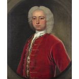 Benjamin Wilson (1721-1788) Portrait of a gentleman, half length, wearing a red coat in a painted