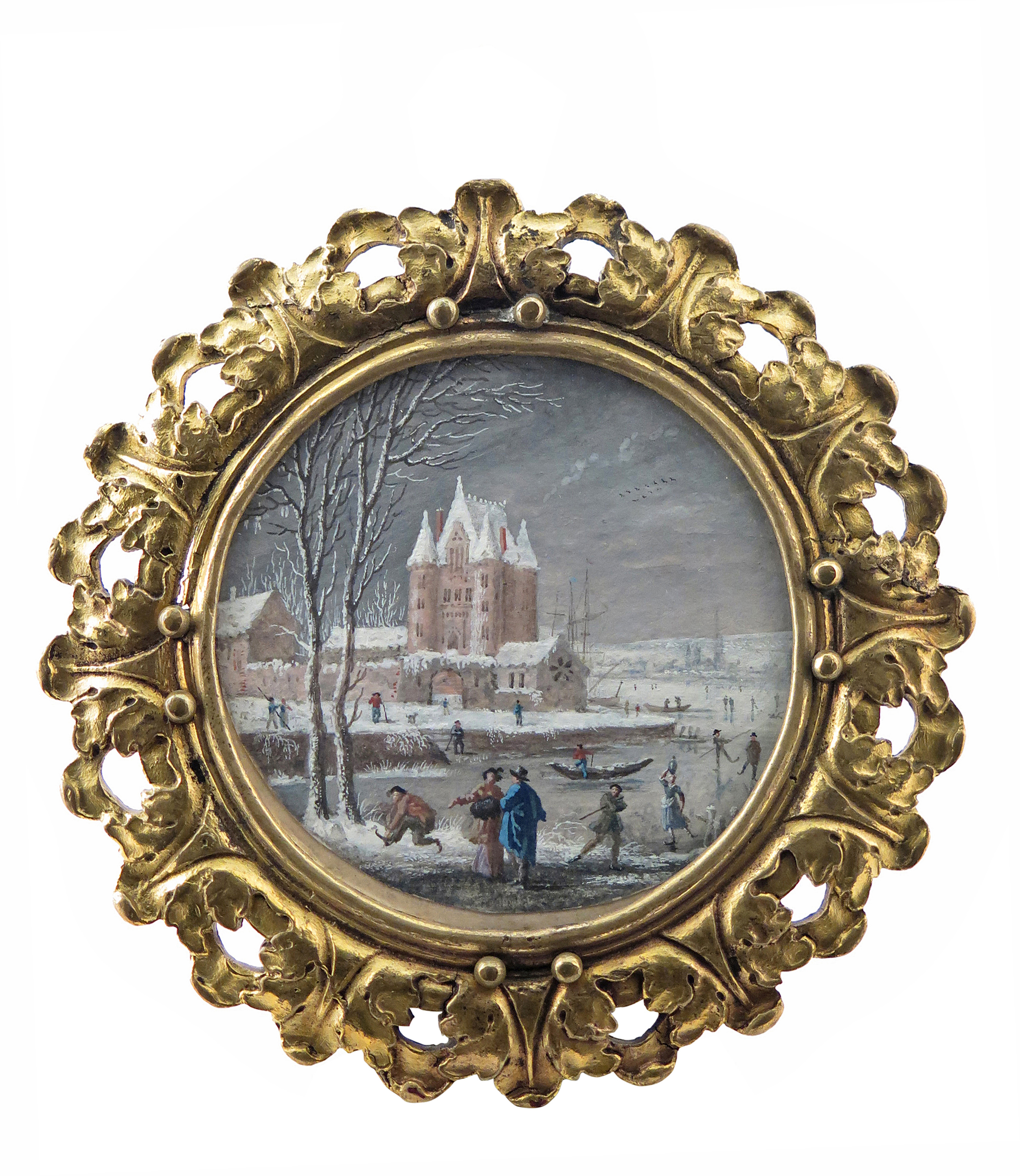 λ Dutch School c.1730 Miniature painting of a winter skating scene Circular, in a gilt metal frame