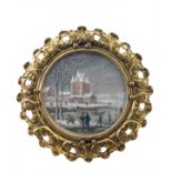 λ Dutch School c.1730 Miniature painting of a winter skating scene Circular, in a gilt metal frame