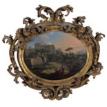 Italian School 18th Century Views of a fortified town by a lake A pair, both oil on canvas, oval