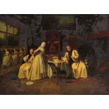 Continental School early 19th Century Interior with monks and nuns near a fire Oil on canvas 61 x