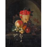 William Jones of Bath (act c.1764-c.1799) Still life of strawberries in a basket and fruit on a