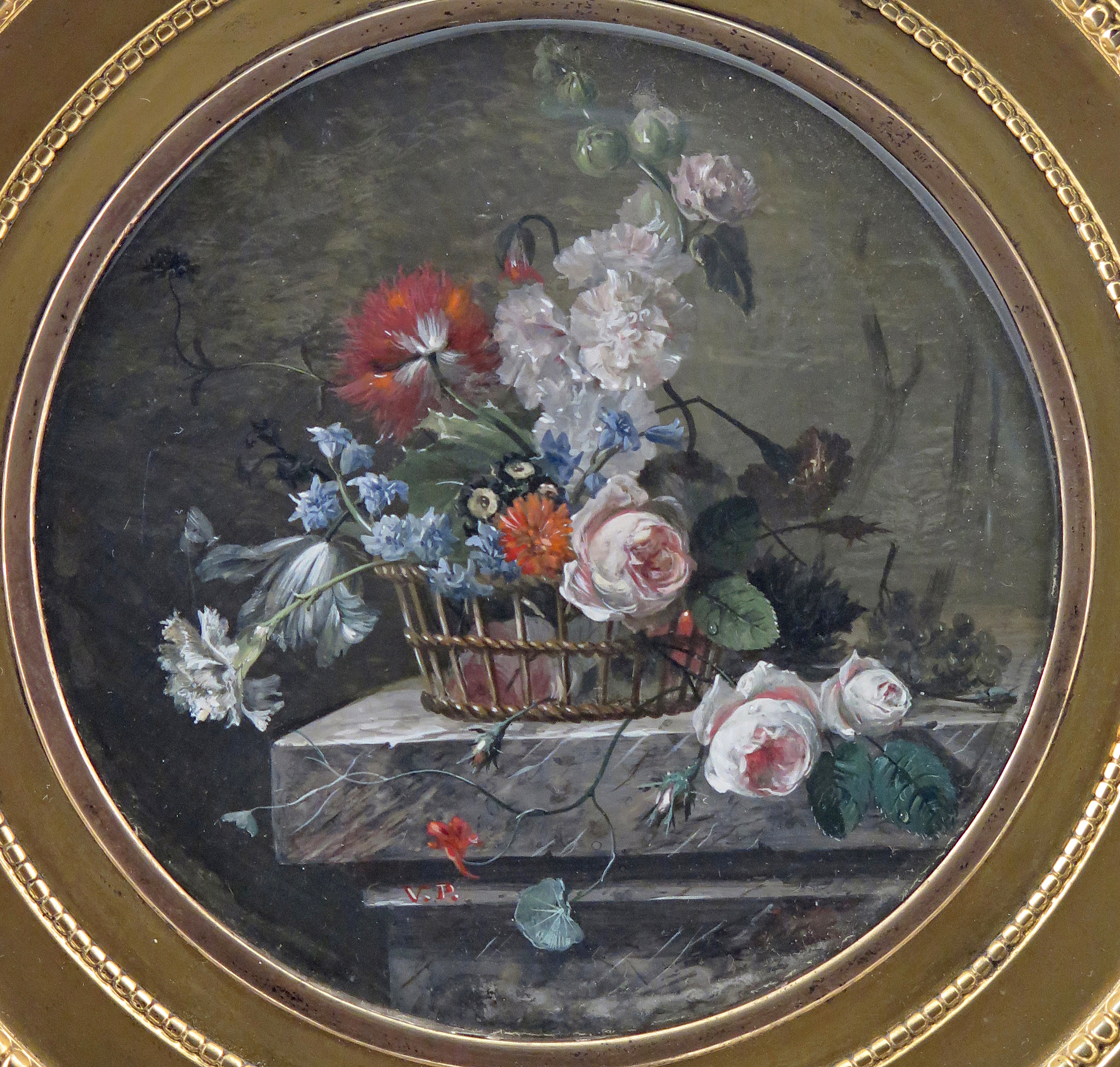 λ Christiaen van Pol (Dutch 1752-1813) Miniature still life of flowers in a basket on a ledge - Image 2 of 3