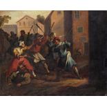 British School 18th Century A village skirmish Oil on canvas, in a carved wood frame 35.5 x 43cm; 14