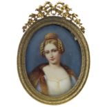 λ English School 19th Century Portrait of a young lady with plaited hair and a fur wrap 75 x