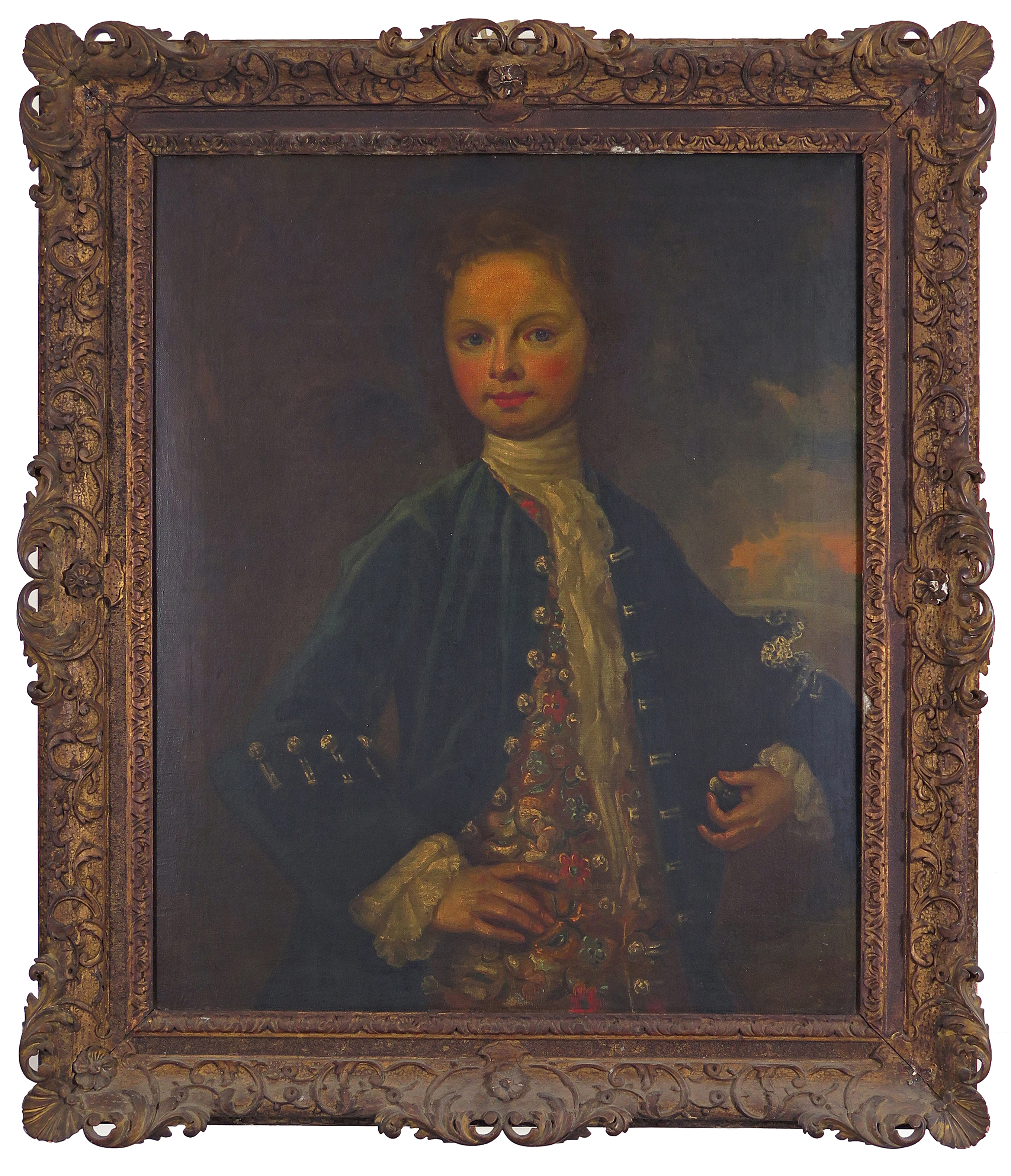 English School 18th Century Portrait of a young man wearing a decorative waistcoat and cravat, - Image 2 of 2