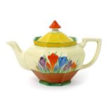 'Crocus' a Clarice Cliff Athens teapot and cover, painted in colours above brown and green bands,