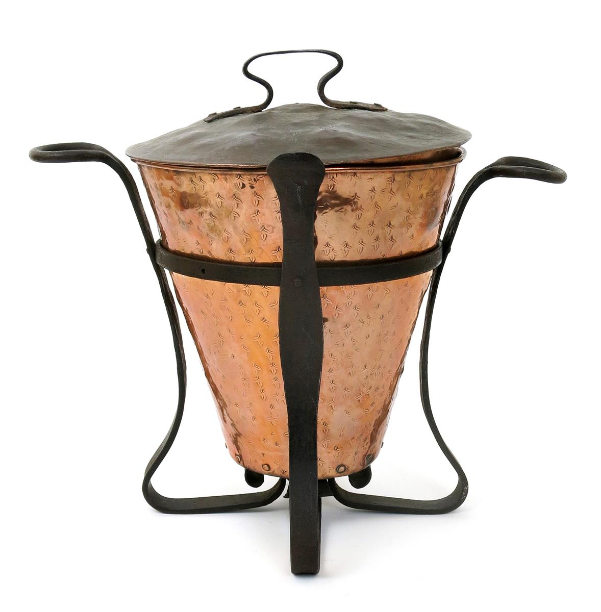 A wrought iron mounted coal bin and cover, flaring cylindrical form with hammered finish, a large - Image 2 of 3
