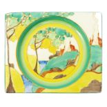 'Secrets' a Clarice Cliff Bizarre Biarritz plate, painted in colours to the well and rim, printed