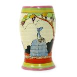 'Idyll' a Clarice Cliff Bizarre vase, probably painted as a sample, painted in colours between