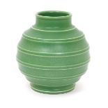 A Wedgwood earthenware Matt Green vase designed by Keith Murray, ribbed ovoid form with collar neck,