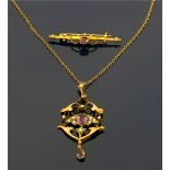 A 9ct gold and amethyst set pendant and bar brooch, cast with foliate wirework design, indistinct