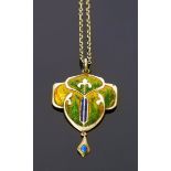 A Smith & Ewan silver and enamel pendant necklace, cast in low relief with stylised foliage,