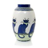 A Keralouve La Louviere vase, shouldered, cylindrical form, enamelled with a frieze of blue