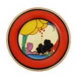 'Summerhouse' a Clarice Cliff Fantasque Bizarre tea plate, painted in colours inside red and black