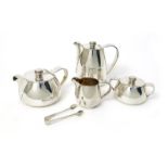 A Bruno Wiskemann silver plated four piece tea service, comprising teapot with hinged cover, hot-
