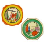 'Poplar' a Clarice Cliff Bizarre side plate, octagonal form, painted in colours inside a green band,