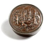 A Victorian bronze and copper circular inkwell by Elkington Mason & Co., the hinged lid decorated