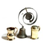 A bronze baluster gill measure, stamped 'GILL' with 'VR crowned' stamp, a brass kitchen shaker and a