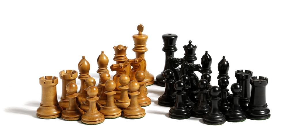 A Jaques & Son Staunton pattern boxwood and ebony chess set, the kings stamped 'JAQUES LONDON' one