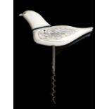 λ A Folk art marine ivory corkscrew, the handle carved in the form of a bird, 14.5cm long.