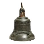 A bronze bell, decorated with reeded bands and inscribed 'LAUS DEO 1696', with clapper, 21.9cm