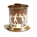 λ An Art Deco style rosewood and brass mounted tobacco jar and cover, inlaid with figures playing