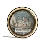 An early 19th century French Napoleonic lacquered snuff box, the lid painted with soldiers at