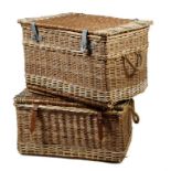 Two wicker laundry baskets, each with rope handles, one with leather straps, 55.5cm high, 85.3cm