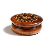 λ A Victorian Tunbridge ware and rosewood inkstand, of disc shape, the lid parquetry inlaid with