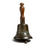 A George II bronze hand bell, inscribed 'TRINITY WARD 1755', with a wrought iron clapper and a