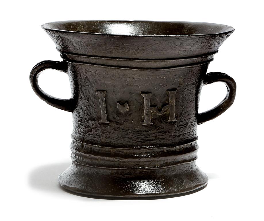 A Queen Anne dated bronze mortar attributed to Ralph Ashton of Wigan, the reeded body with owner's - Image 2 of 2