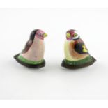 Two South Staffordshire bird bonbonniθres, c.1770-80, one perhaps later, modelled as perched finches