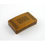 A 19th century Mauchline Ware sycamore and pen work snuff box, by Crawford, Cumnock, of curved