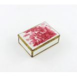 A French enamel rectangular snuff box, 18th century, the cover painted in puce monochrome with an