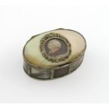 λA silver-gilt and mother-of-pearl portrait snuff box, probably 18th century, oval form, the