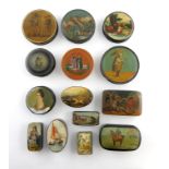A collection of fourteen 19th century lacquered snuff boxes, various forms, comprising: an erotic