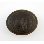 An early 18th century German pressed horn snuff box, signed S.L, for Samuel Lambelet, oval form, the