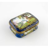 An English enamel snuff box, c.1770-80, of rounded rectangular form, the cover painted with a