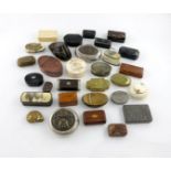 λA collection of snuff boxes, various materials, comprising: a horn box of oval form, the cover