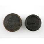 An early 19th century pressed horn snuff box, by Wilson, circular form, the cover with a huntsman