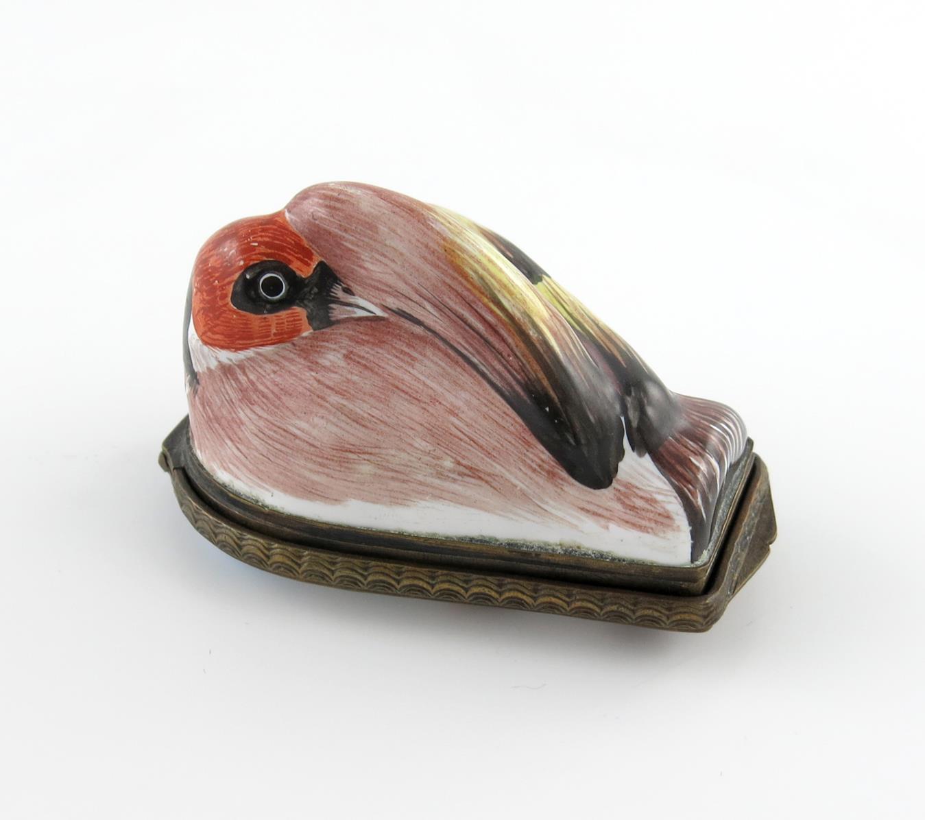 A Birmingham or South Staffordshire bird bonbonniere, c.1760-70, modelled as a goldfinch preening