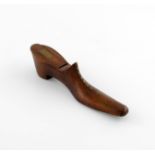 A Victorian treen novelty shoe snuff box, elongated toe, with stud-work decoration, slide-off cover,